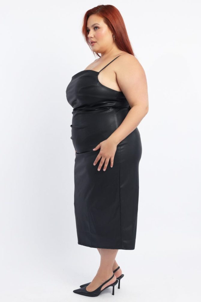Black Ruched Side Faux Leather Midi Dress
