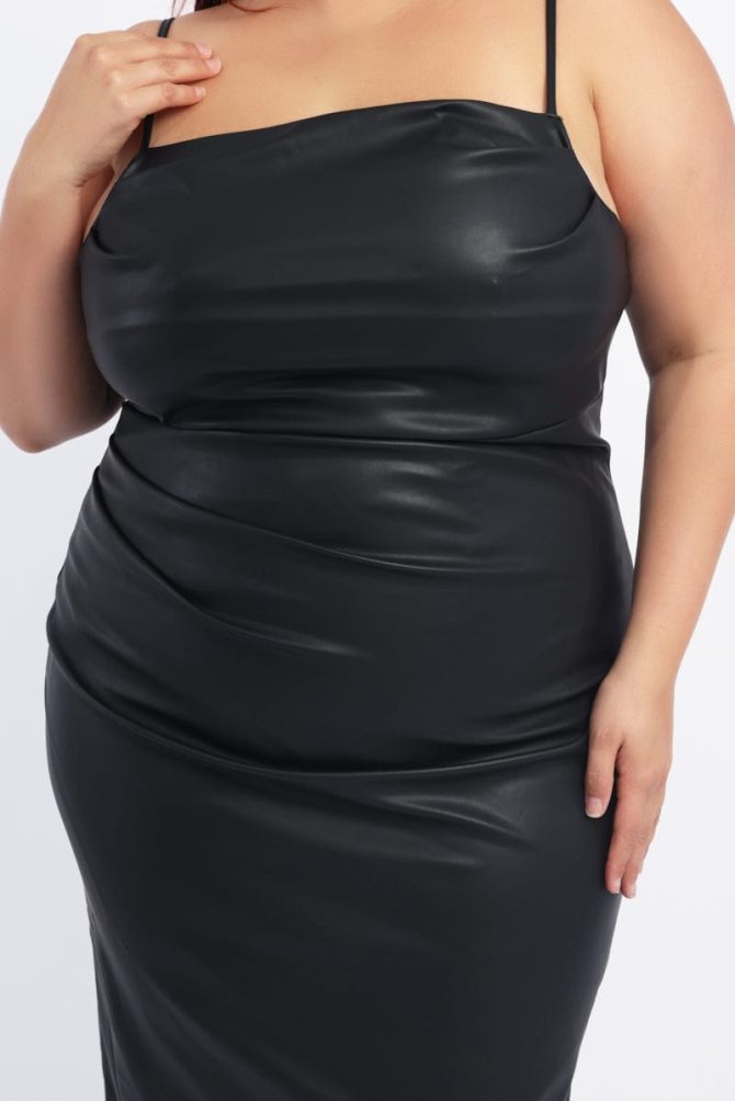 Black Ruched Side Faux Leather Midi Dress