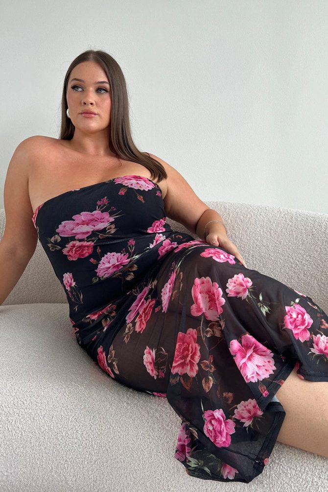 Black Floral Mesh Strapless Bodycon Dress
