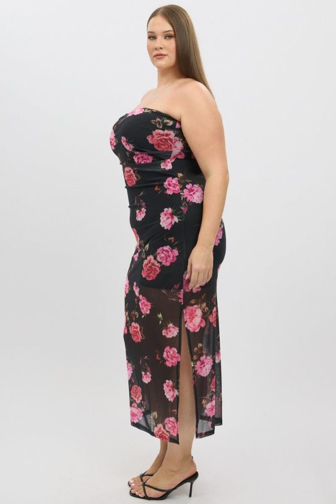 Black Floral Mesh Strapless Bodycon Dress
