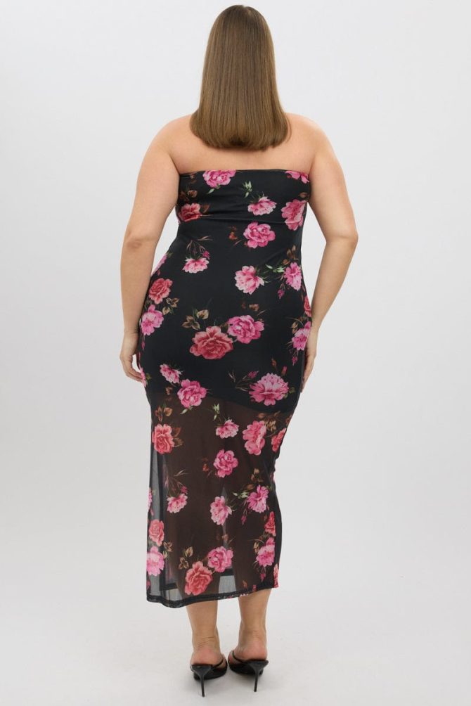 Black Floral Mesh Strapless Bodycon Dress