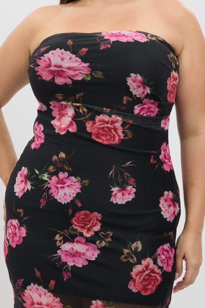 Black Floral Mesh Strapless Bodycon Dress