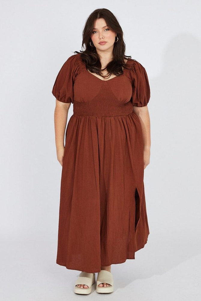 Brown Midi Dress Puff Sleeve Front Split