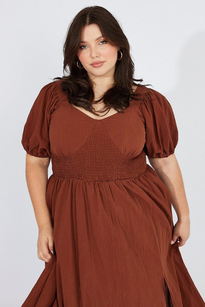 Brown Midi Dress Puff Sleeve Front Split