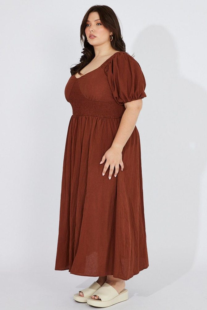 Brown Midi Dress Puff Sleeve Front Split