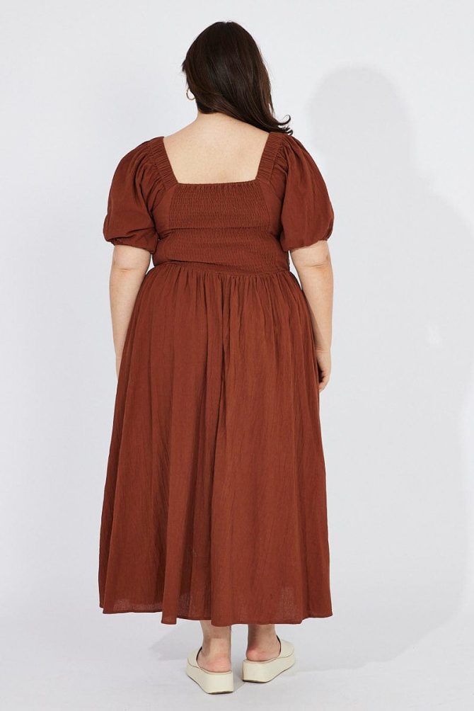 Brown Midi Dress Puff Sleeve Front Split