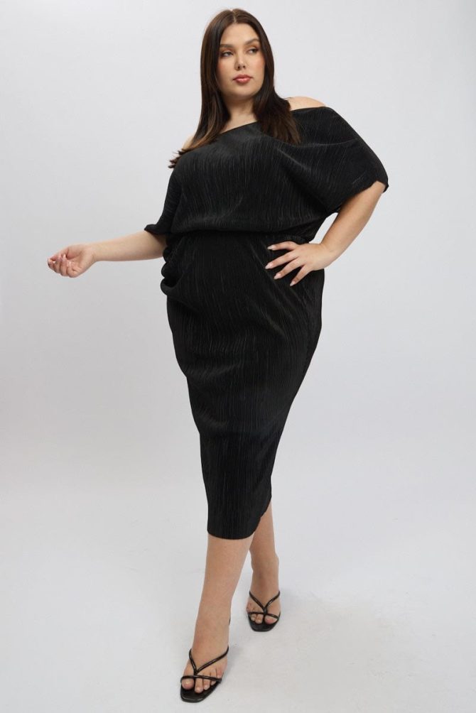 Black Asymmetric Plisse Midi Dress