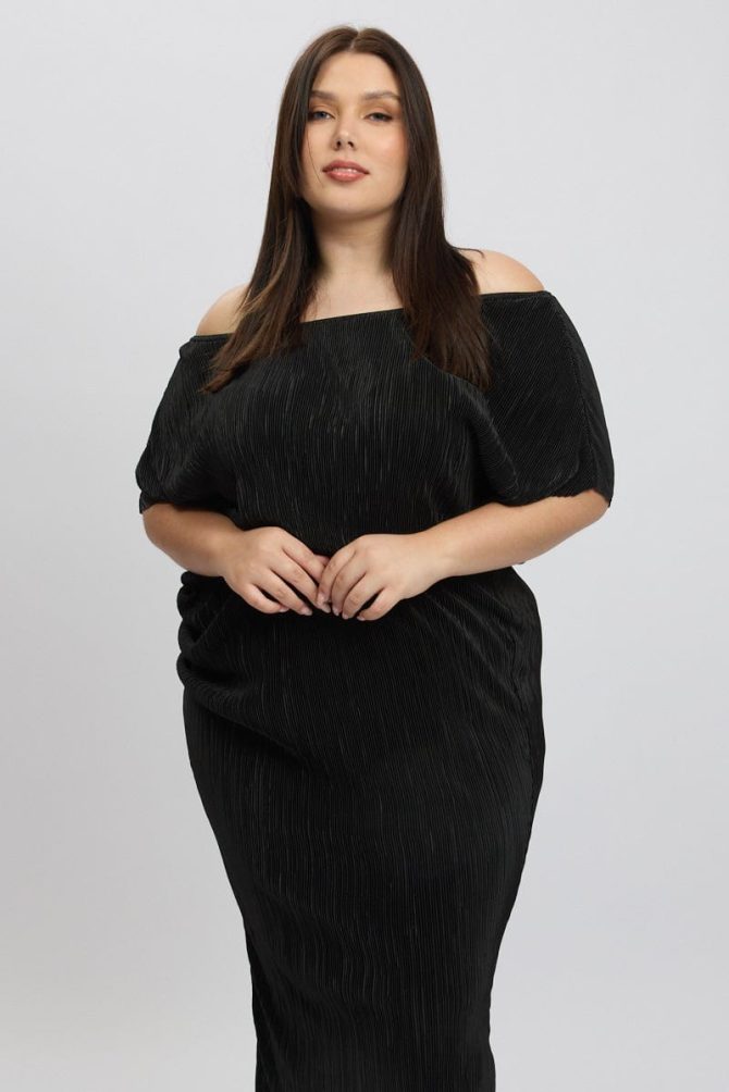 Black Asymmetric Plisse Midi Dress