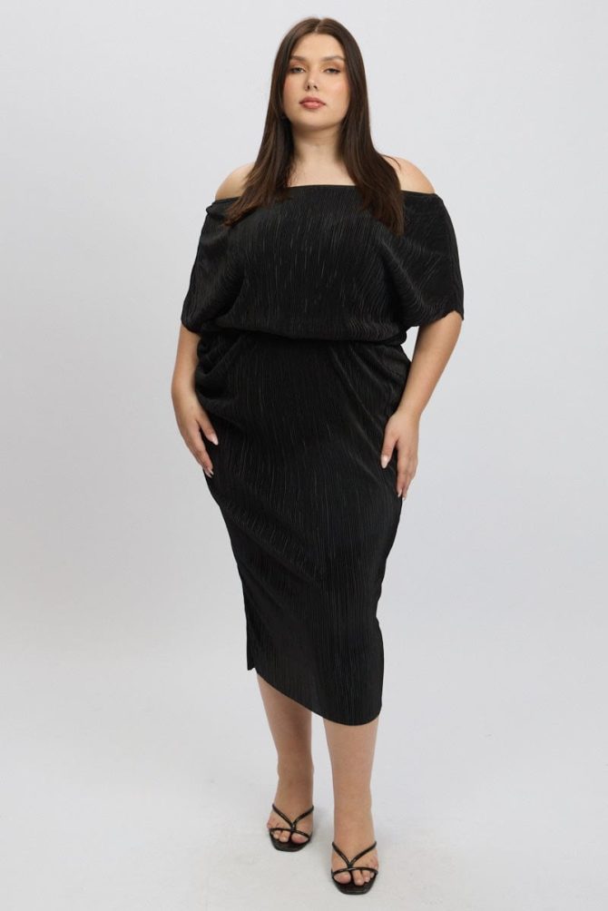 Black Asymmetric Plisse Midi Dress