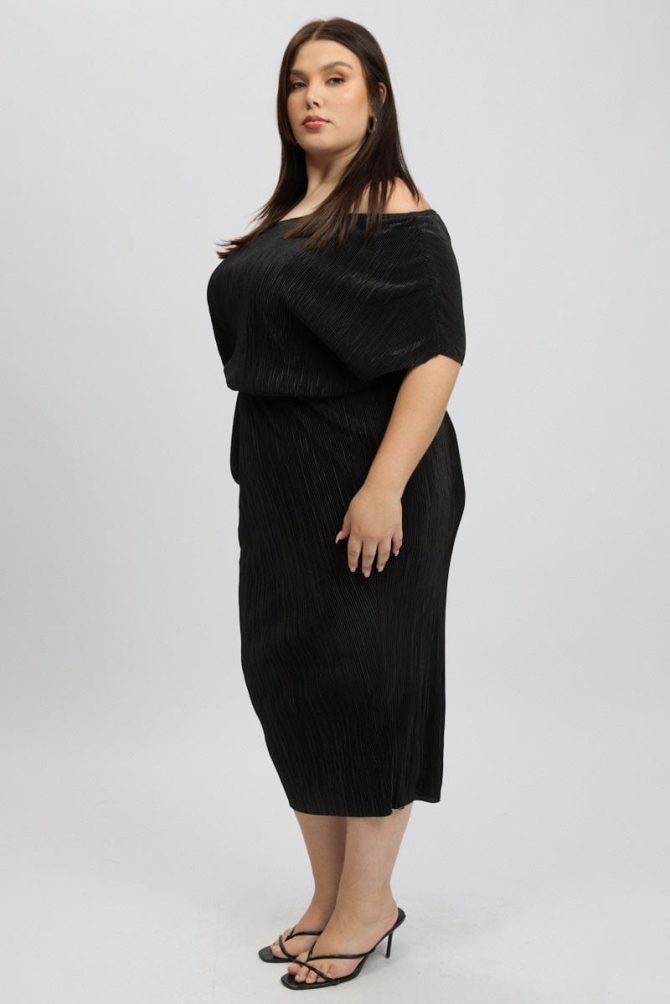 Black Asymmetric Plisse Midi Dress