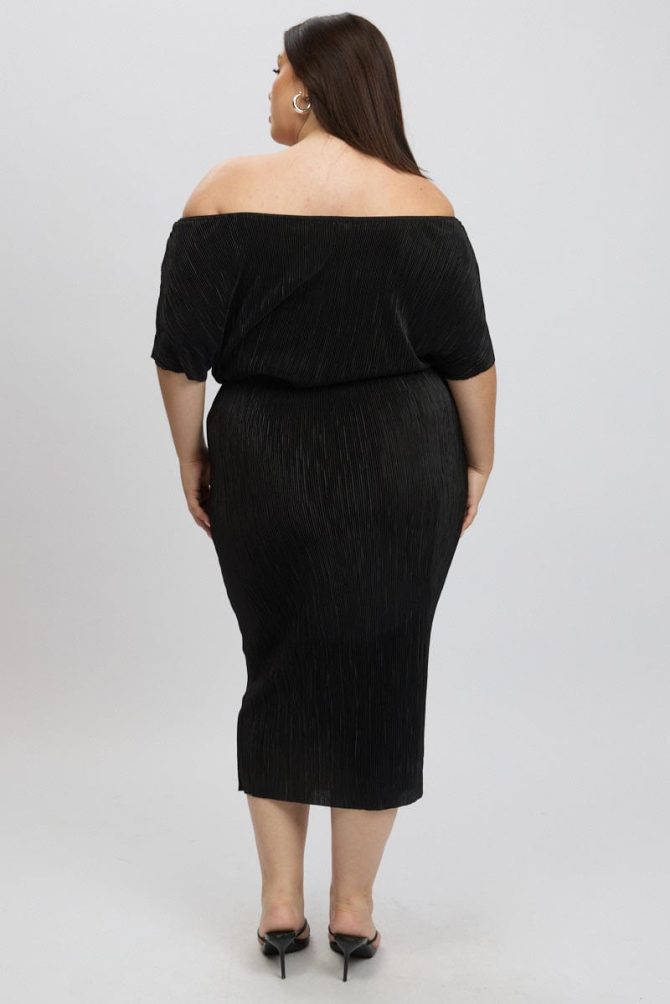 Black Asymmetric Plisse Midi Dress