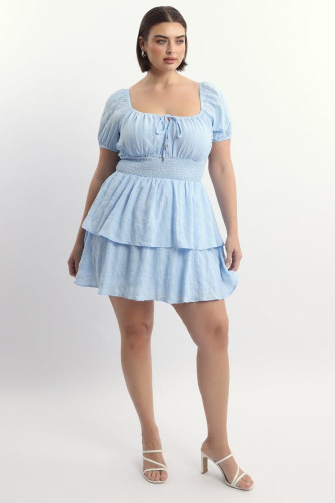 Blue Textured Shirred Waist Mini Dress