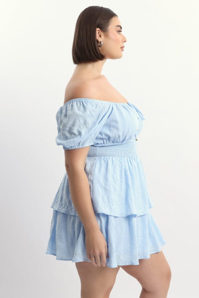 Blue Textured Shirred Waist Mini Dress