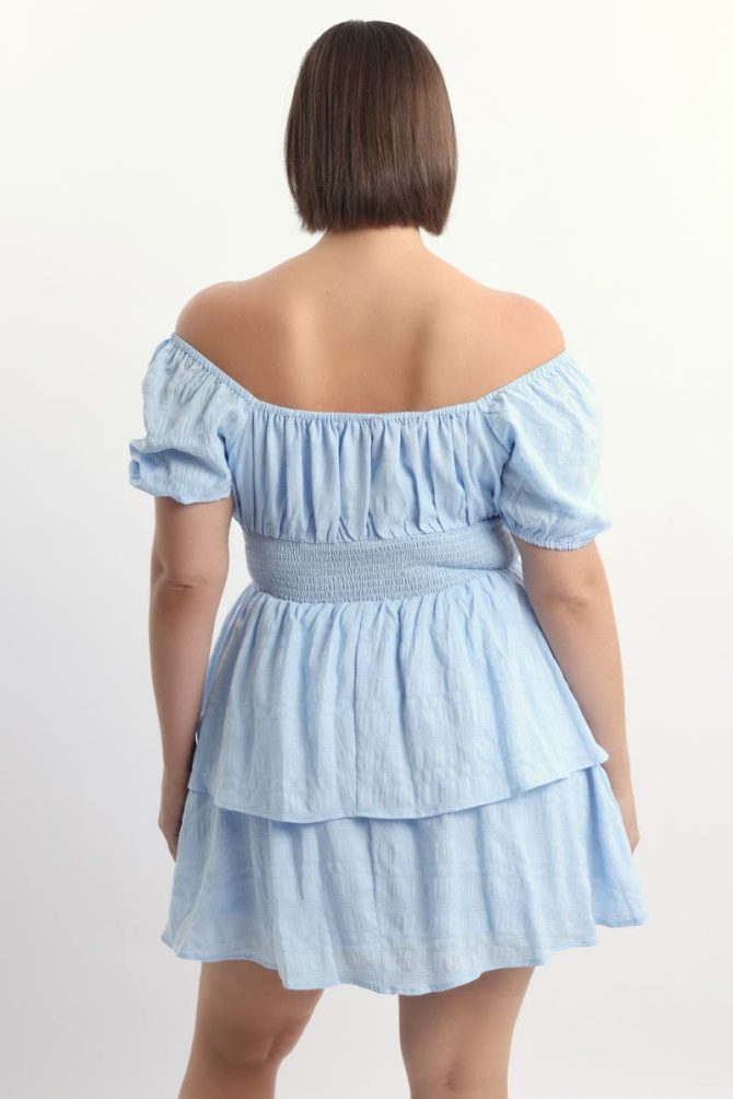 Blue Textured Shirred Waist Mini Dress