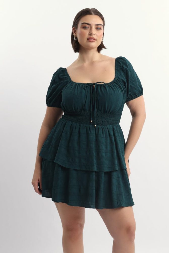 Green Textured Shirred Waist Mini Dress