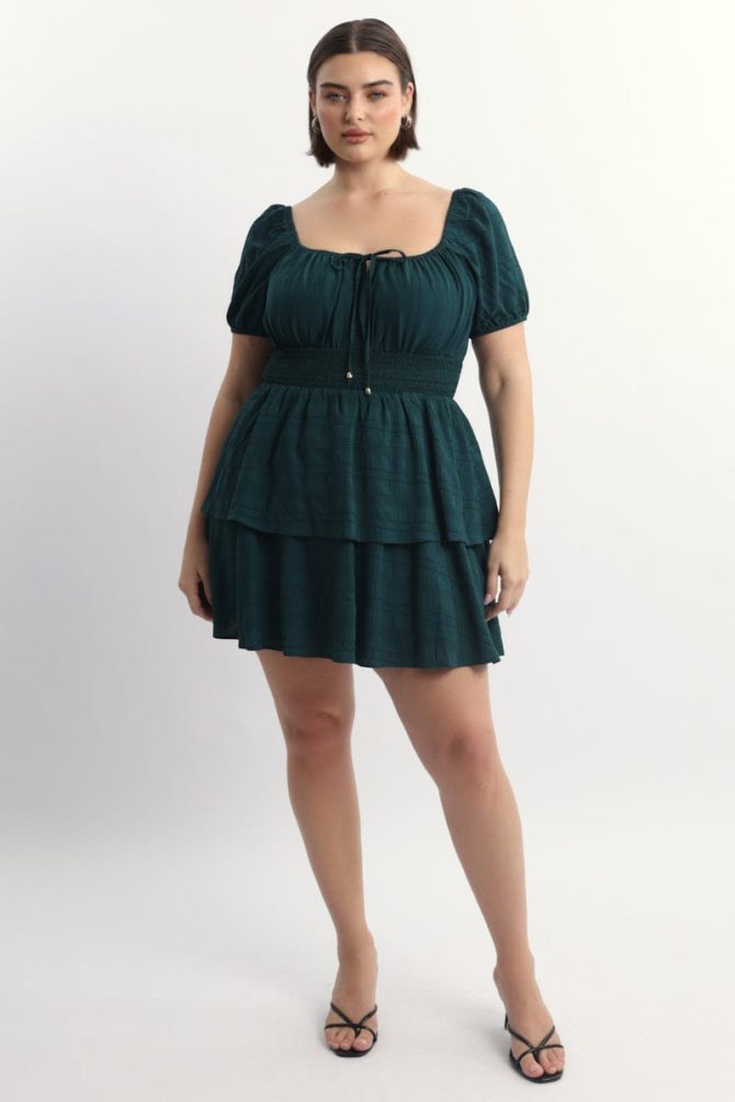 Green Textured Shirred Waist Mini Dress