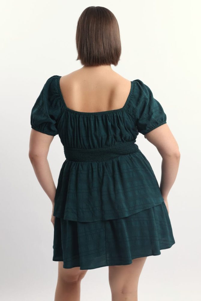 Green Textured Shirred Waist Mini Dress