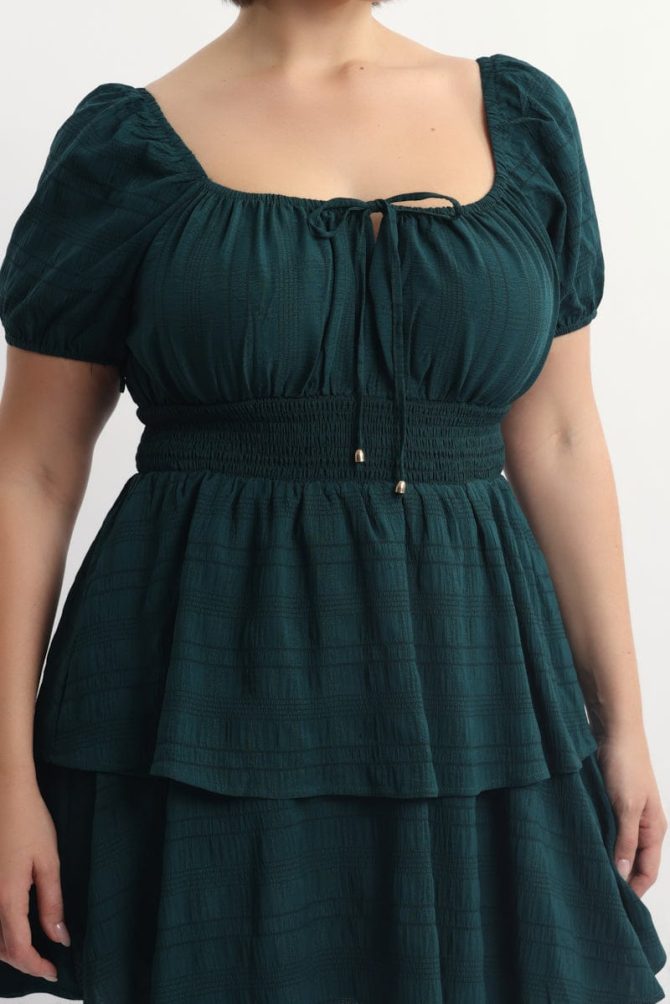 Green Textured Shirred Waist Mini Dress