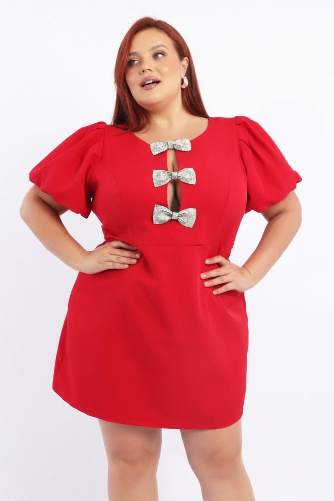 Red Sparkle Bow Minidress Short Sleeve