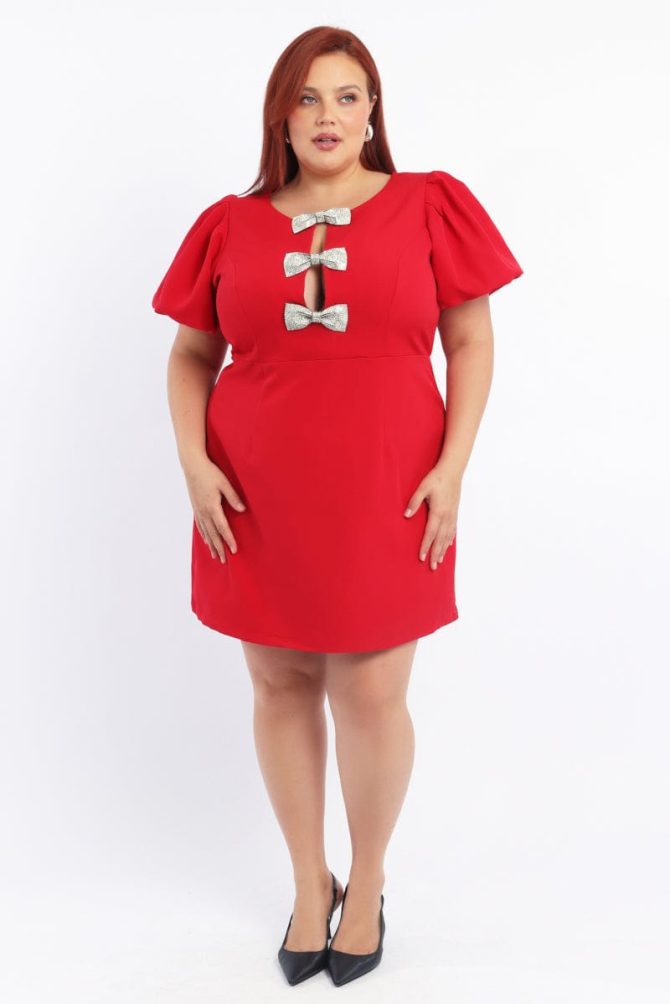 Red Sparkle Bow Minidress Short Sleeve