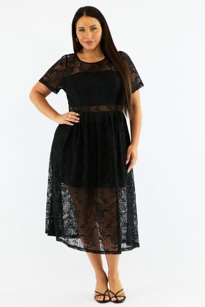 Black Midi Dress Short Sleeve Lace