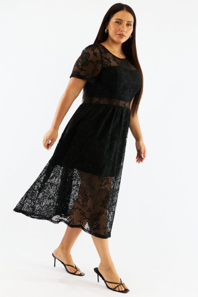 Black Midi Dress Short Sleeve Lace