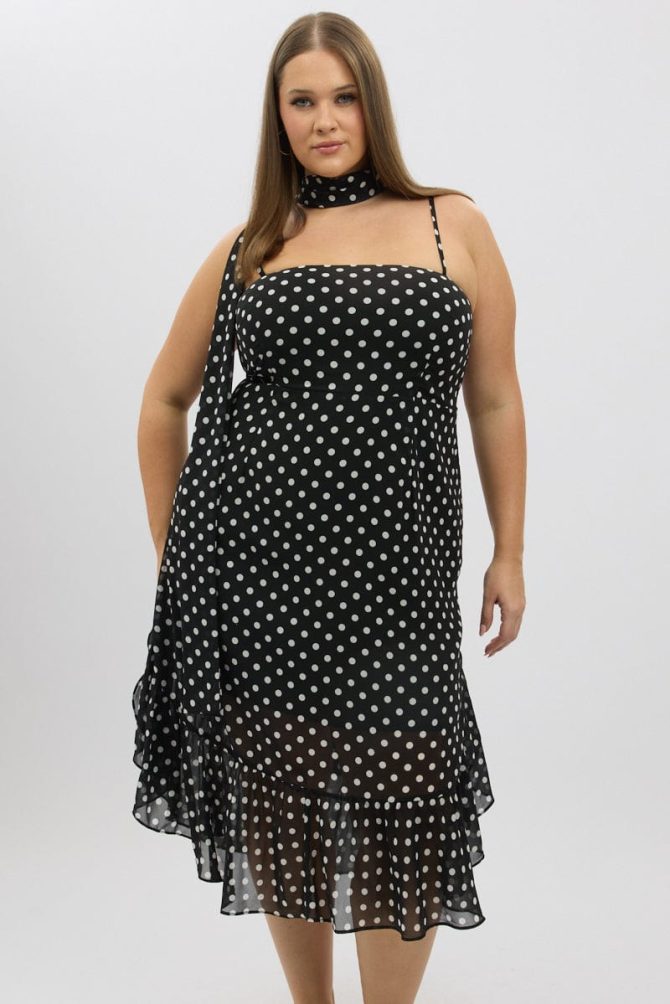 Black Polka Dot Midi Dress Sleeveless Ruffle with Scarf