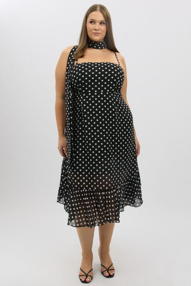 Black Polka Dot Midi Dress Sleeveless Ruffle with Scarf