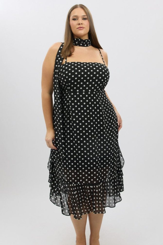 Black Polka Dot Midi Dress Sleeveless Ruffle with Scarf