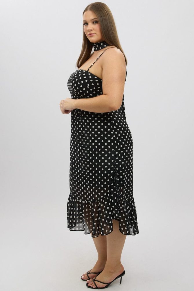 Black Polka Dot Midi Dress Sleeveless Ruffle with Scarf