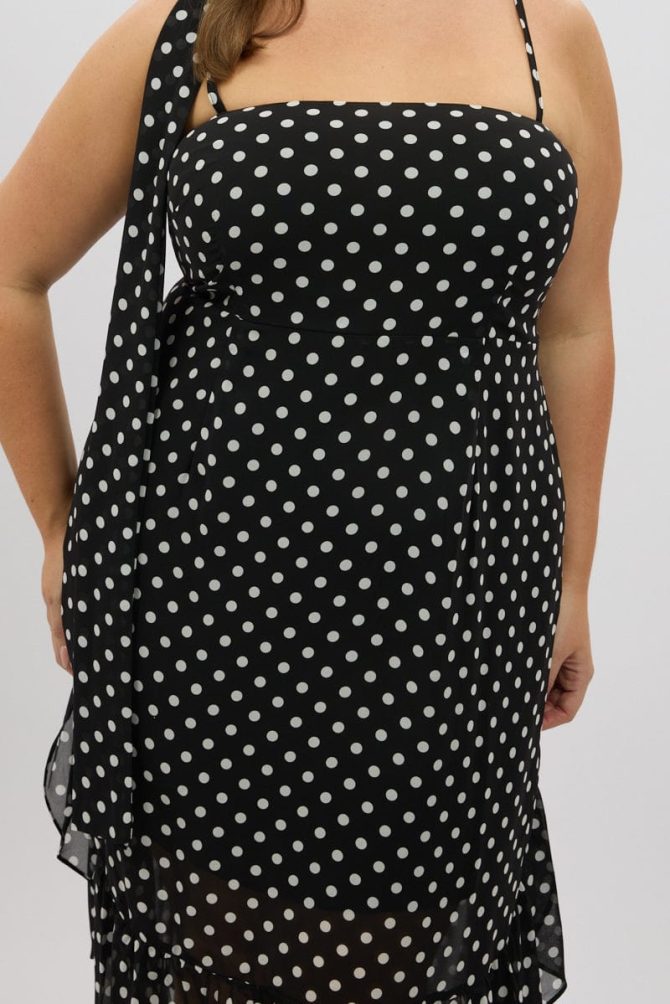 Black Polka Dot Midi Dress Sleeveless Ruffle with Scarf