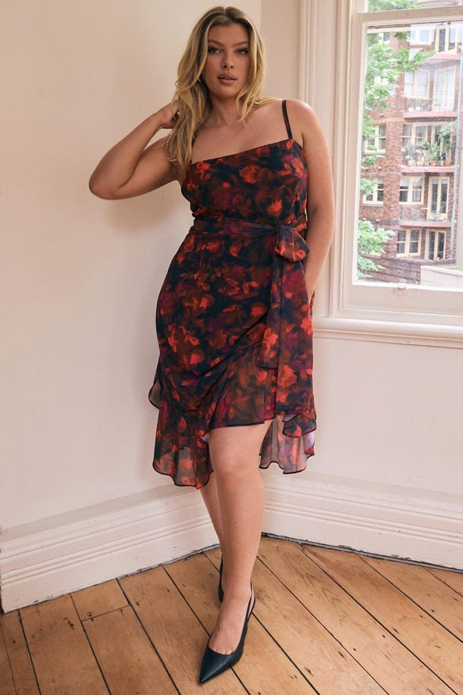 Red Floral Midi Dress Sleeveless Ruffle Scarf