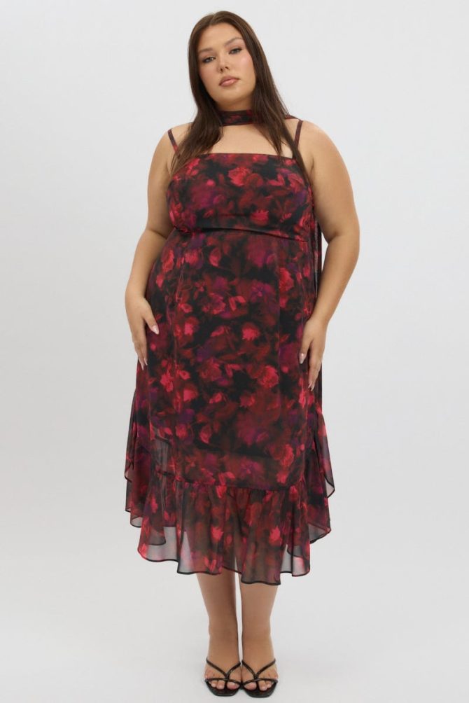 Red Floral Midi Dress Sleeveless Ruffle Scarf