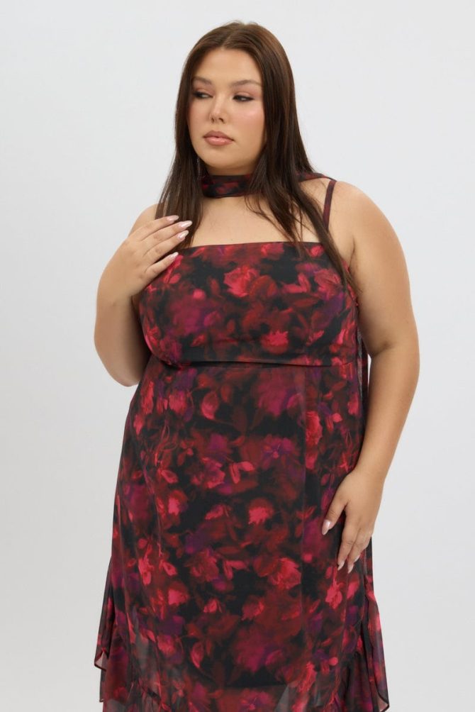 Red Floral Midi Dress Sleeveless Ruffle Scarf