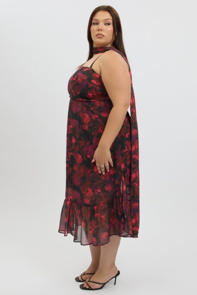 Red Floral Midi Dress Sleeveless Ruffle Scarf