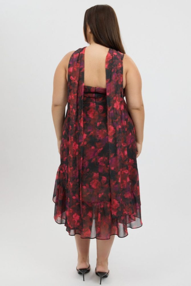 Red Floral Midi Dress Sleeveless Ruffle Scarf