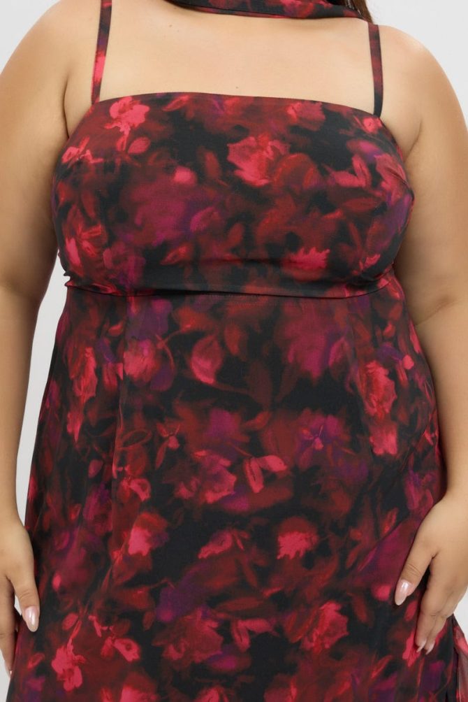 Red Floral Midi Dress Sleeveless Ruffle Scarf