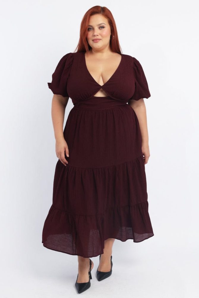 Red Midi Dress Short Sleeve Cut Out Textured