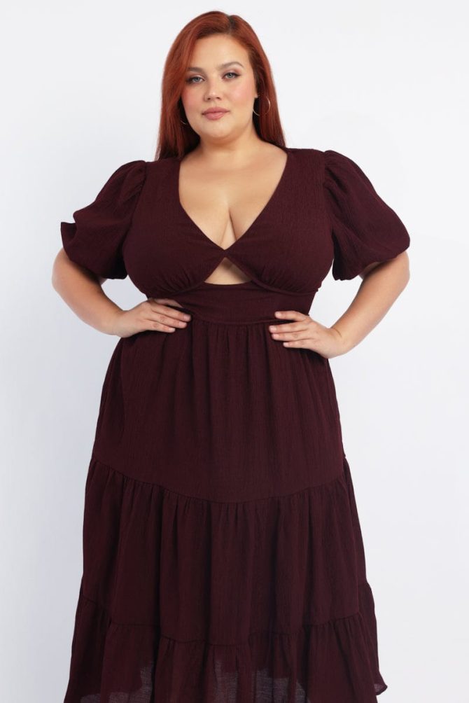 Red Midi Dress Short Sleeve Cut Out Textured