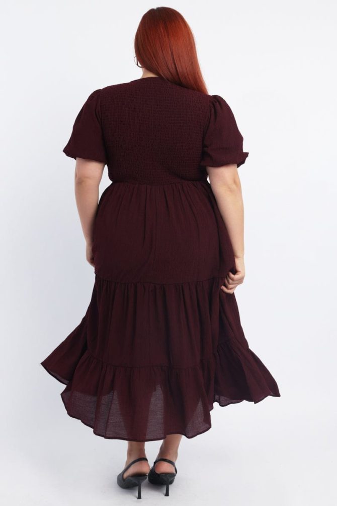 Red Midi Dress Short Sleeve Cut Out Textured