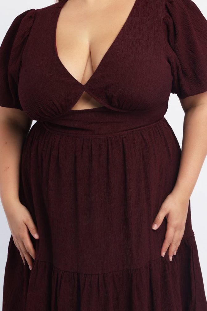 Red Midi Dress Short Sleeve Cut Out Textured