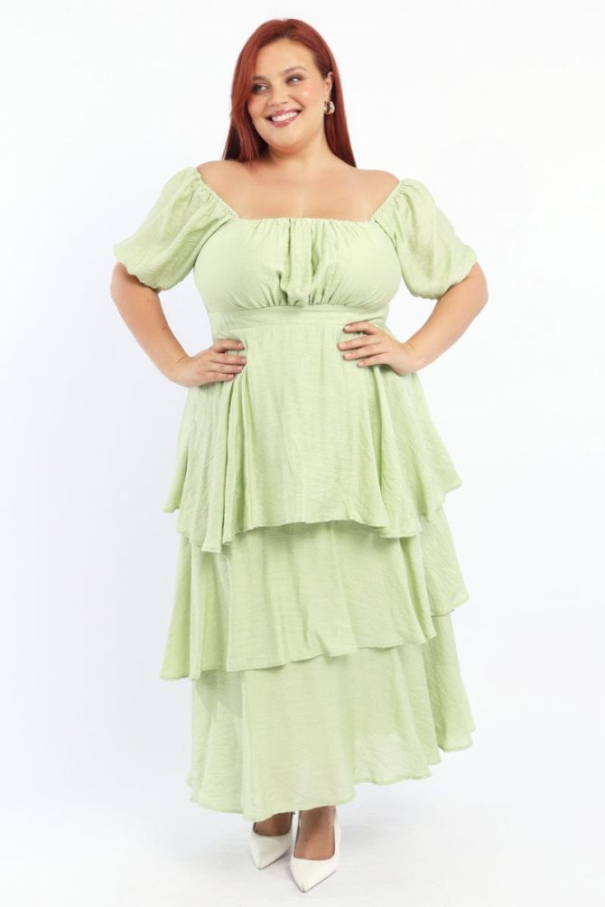 Green Layered Maxi Dress Short Sleeve