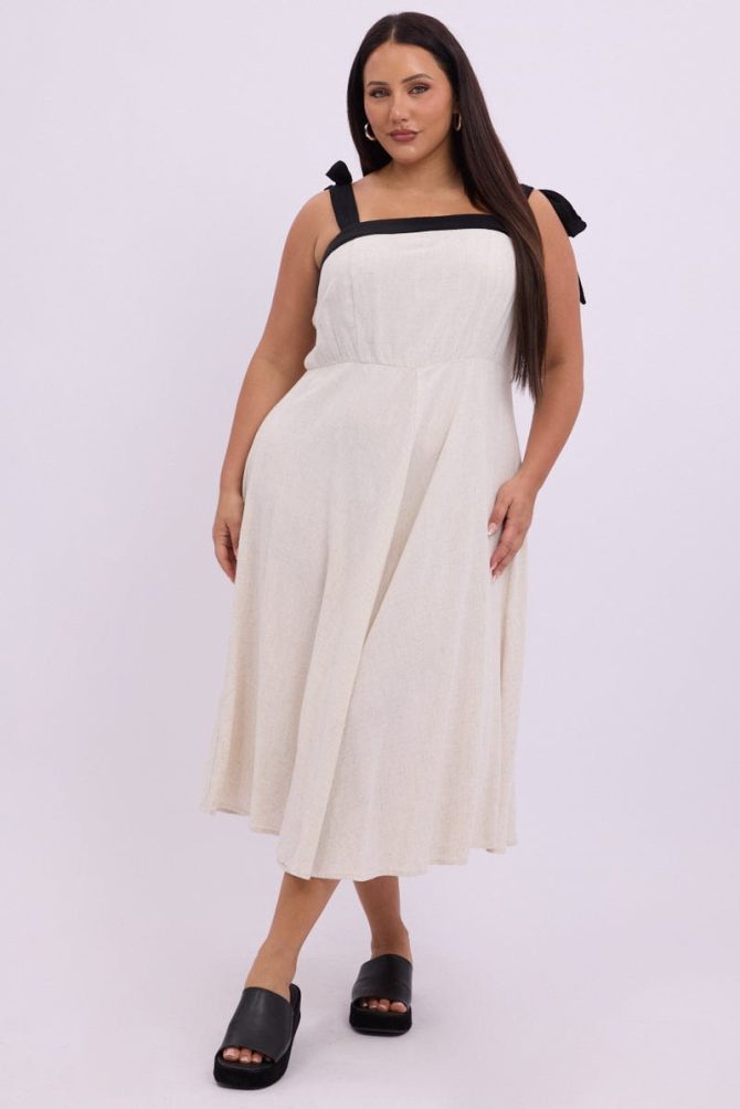 Beige Midi Dress Sleeveless Contrast Shoulder Tie