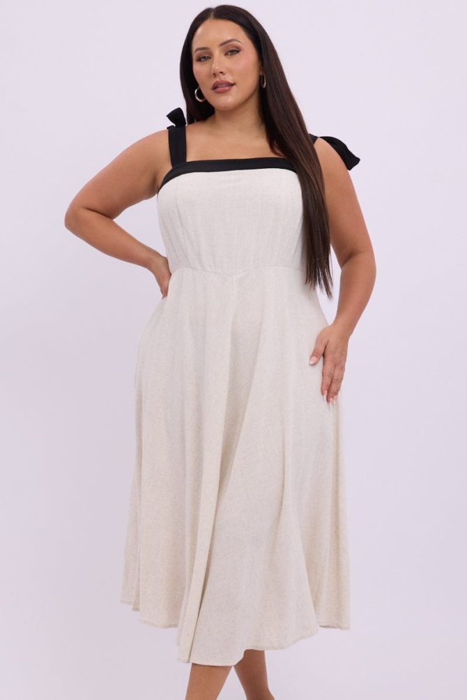 Beige Midi Dress Sleeveless Contrast Shoulder Tie