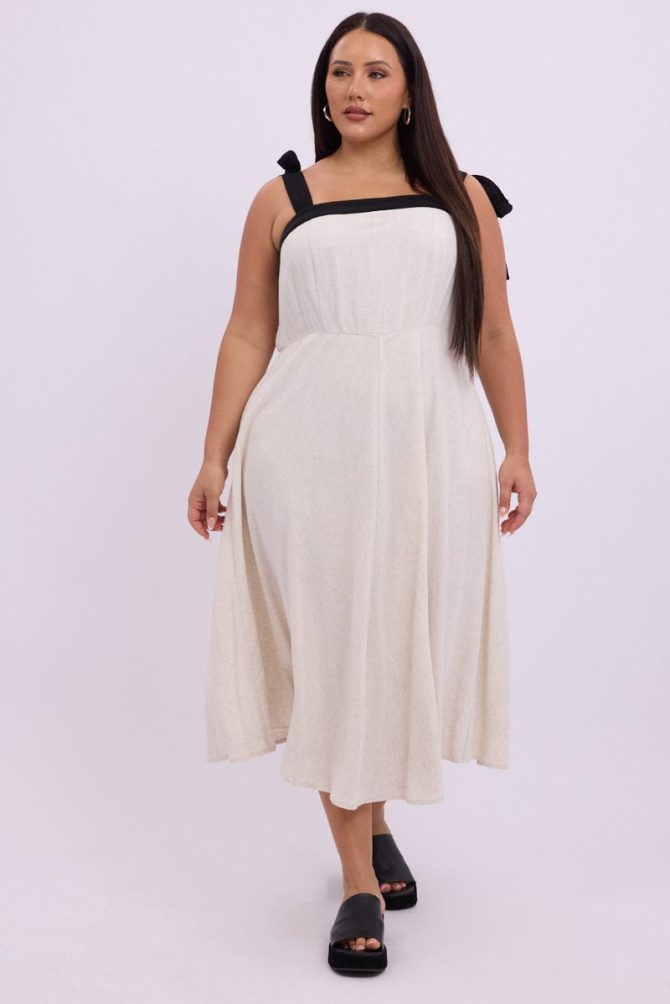 Beige Midi Dress Sleeveless Contrast Shoulder Tie
