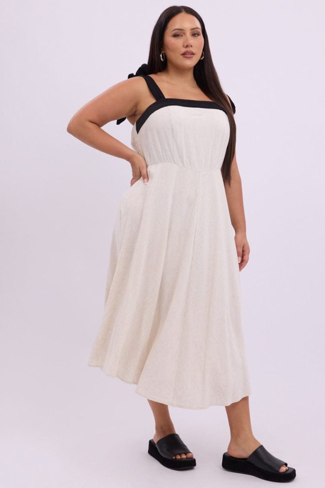 Beige Midi Dress Sleeveless Contrast Shoulder Tie