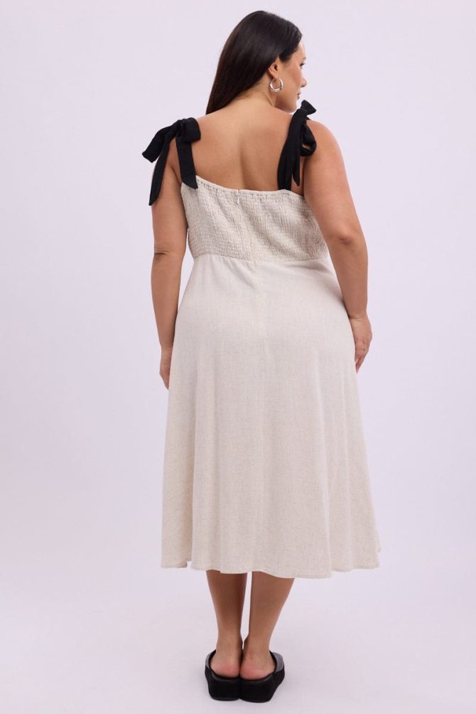 Beige Midi Dress Sleeveless Contrast Shoulder Tie