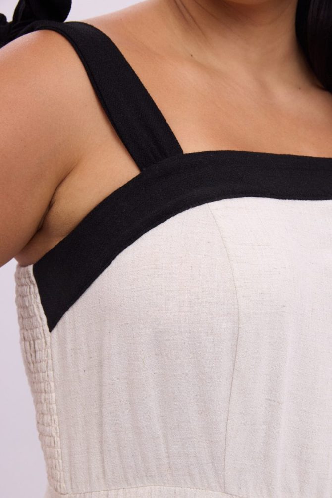 Beige Midi Dress Sleeveless Contrast Shoulder Tie