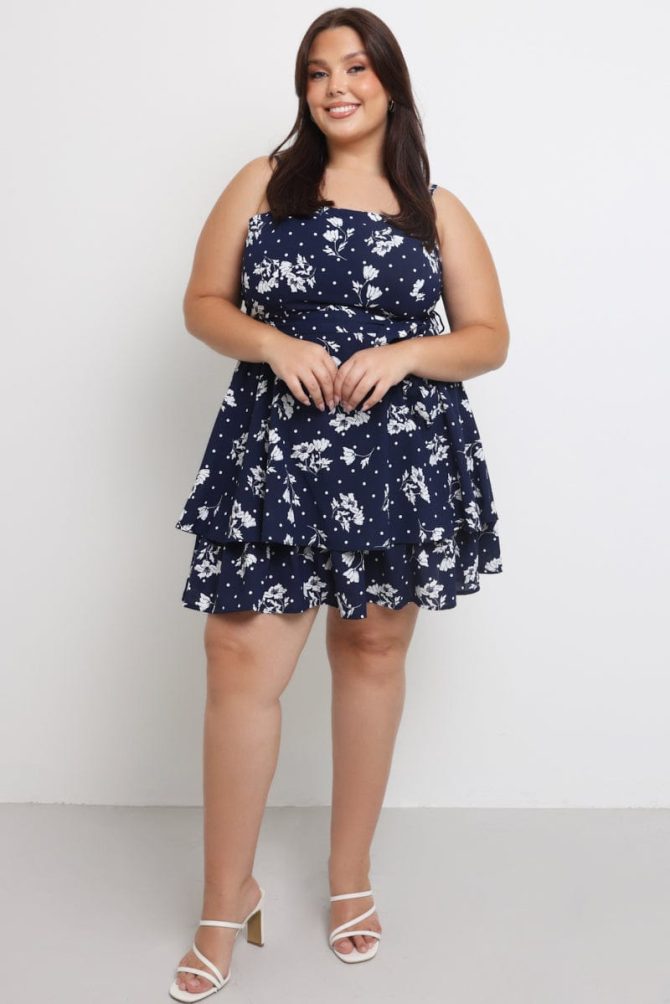 Blue Ditsy Shoestring Strap Flippy Mini Dress