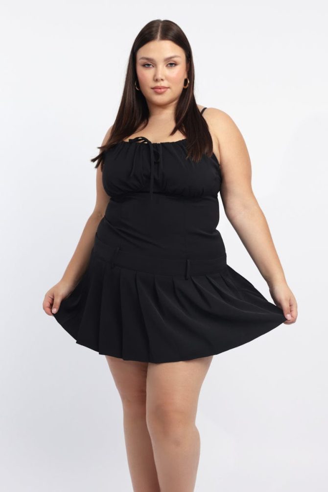 Black Bow Front Pleated Mini Dress